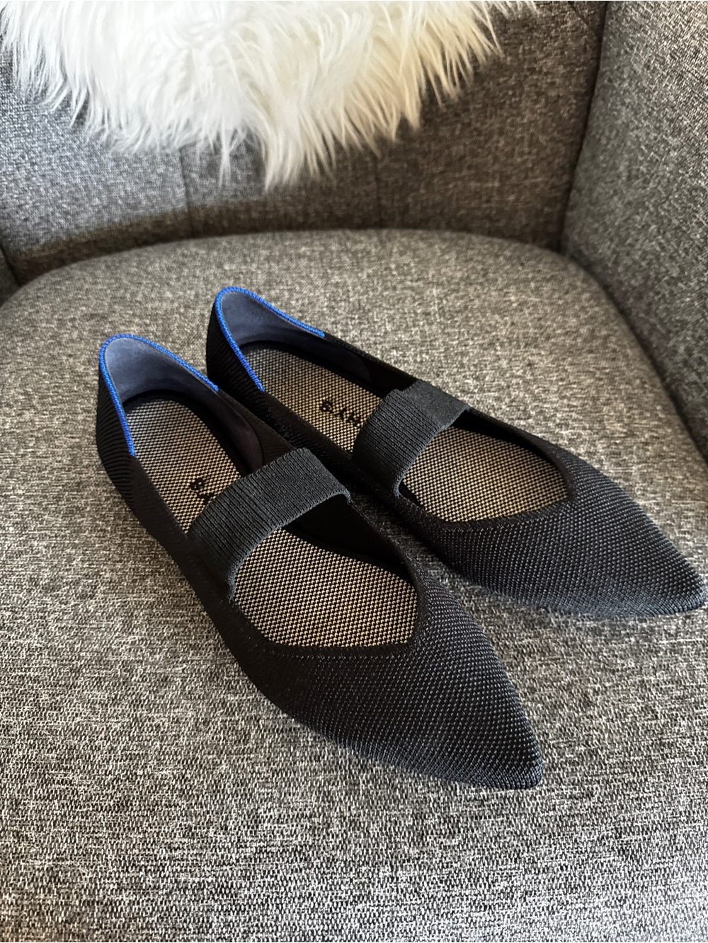 Rothy's Black Pointed Knit Mary Jane Flats with Blue Trim
